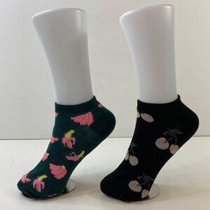 Womens Ankle Socks Set 2 Banana Cherry Print Black Pink Gray Yellow